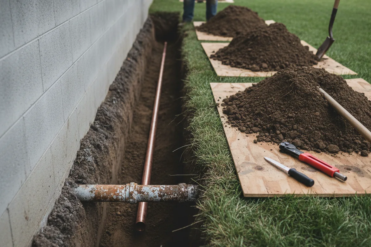 Excavated water line trench during Sewer Line Repair in Titusville